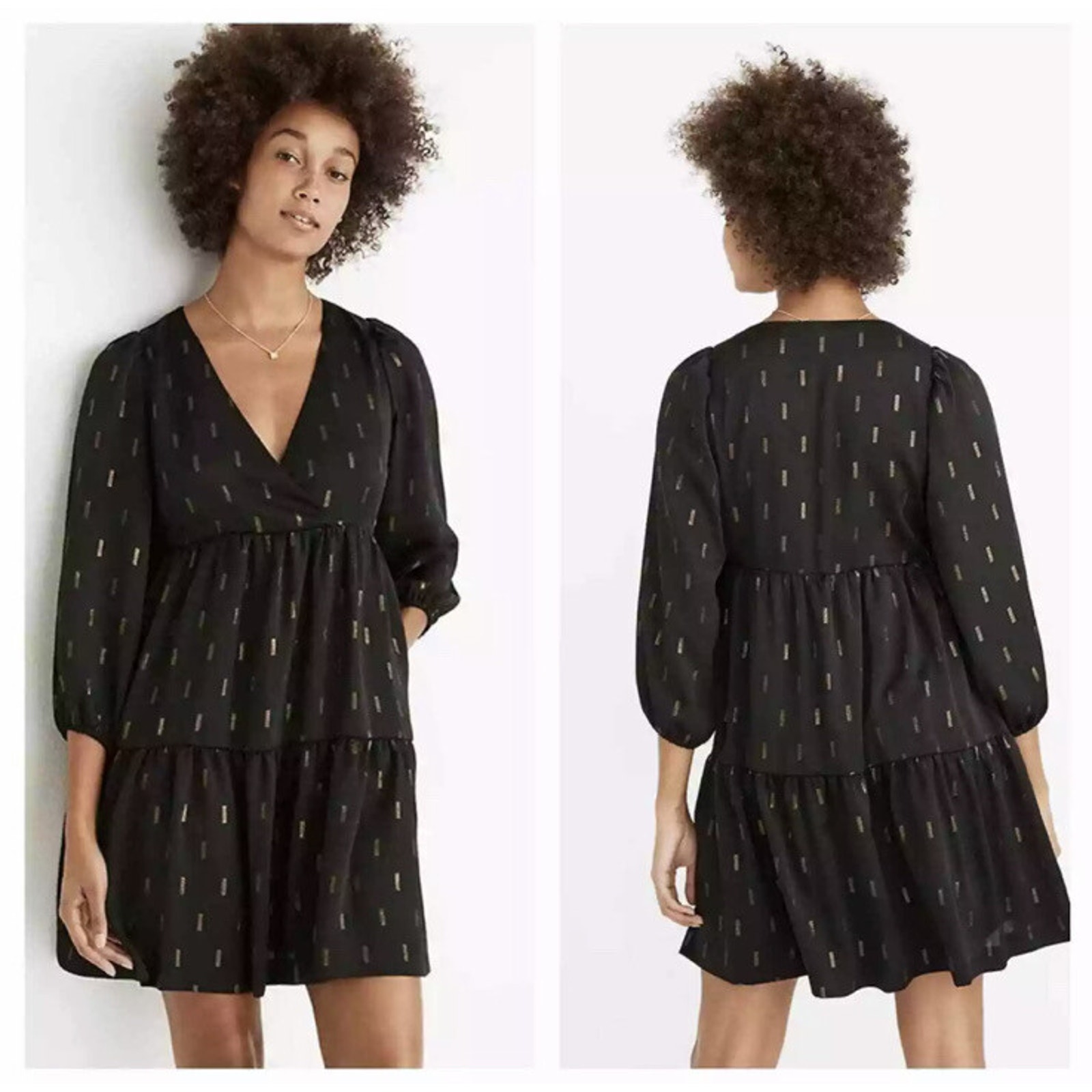 Nwt Madewell S Black Gold Metallic Jacquard Faux Wrap Tiered Mini Dress $158